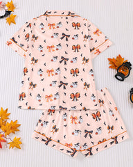 Casual Halloween Print Lapel Short-Sleeved Shorts Homewear Set
