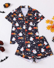 Casual Halloween Print Lapel Short-Sleeved Shorts Homewear Set