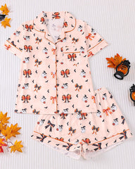 Casual Halloween Print Lapel Short-Sleeved Shorts Homewear Set