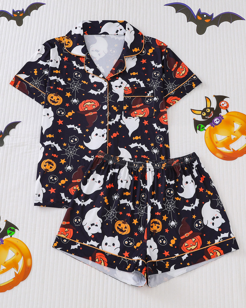 Halloween Print Lapel Short-Sleeved Shorts Homewear Set