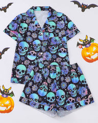 Halloween Print Lapel Short-Sleeved Shorts Homewear Set