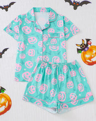 Casual Halloween Lapel Short-Sleeved Shorts Homewear Set