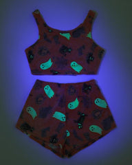 Halloween Flannel Luminous Pumpkin Ghost Print Vest and Elastic Waist Shorts Pajama Set