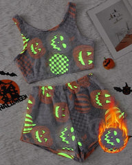 Halloween Flannel Luminous Pumpkin Ghost Print Vest and Elastic Waist Shorts Pajama Set