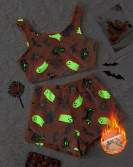 Halloween Flannel Luminous Pumpkin Ghost Print Vest and Elastic Waist Shorts Pajama Set