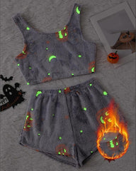 Halloween Flannel Luminous Pumpkin Ghost Print Vest and Elastic Waist Shorts Pajama Set