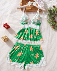 Sexy Halloween Print Lace Suspender and Shorts Loungewear Set