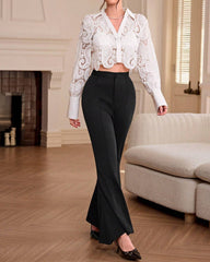 Women's Lapel Lace Hollow Asymmetrical Hem Short Long Sleeve Shirt