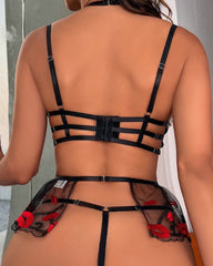 Sexy Mesh Lips Embroidered Chain Decorated Pajama Set with Stockings