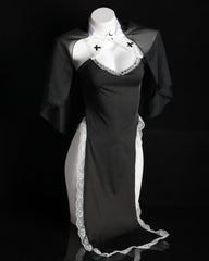 Halloween Sexy Nun Costume Role Play Hollow Slit Long Dress with Stockings Set