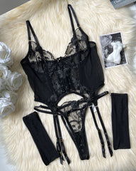 Sexy Mesh Flower Embroidered See-through Suit