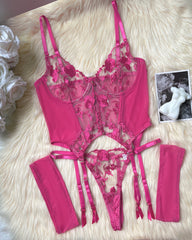 Sexy Mesh Flower Embroidered See-through Suit