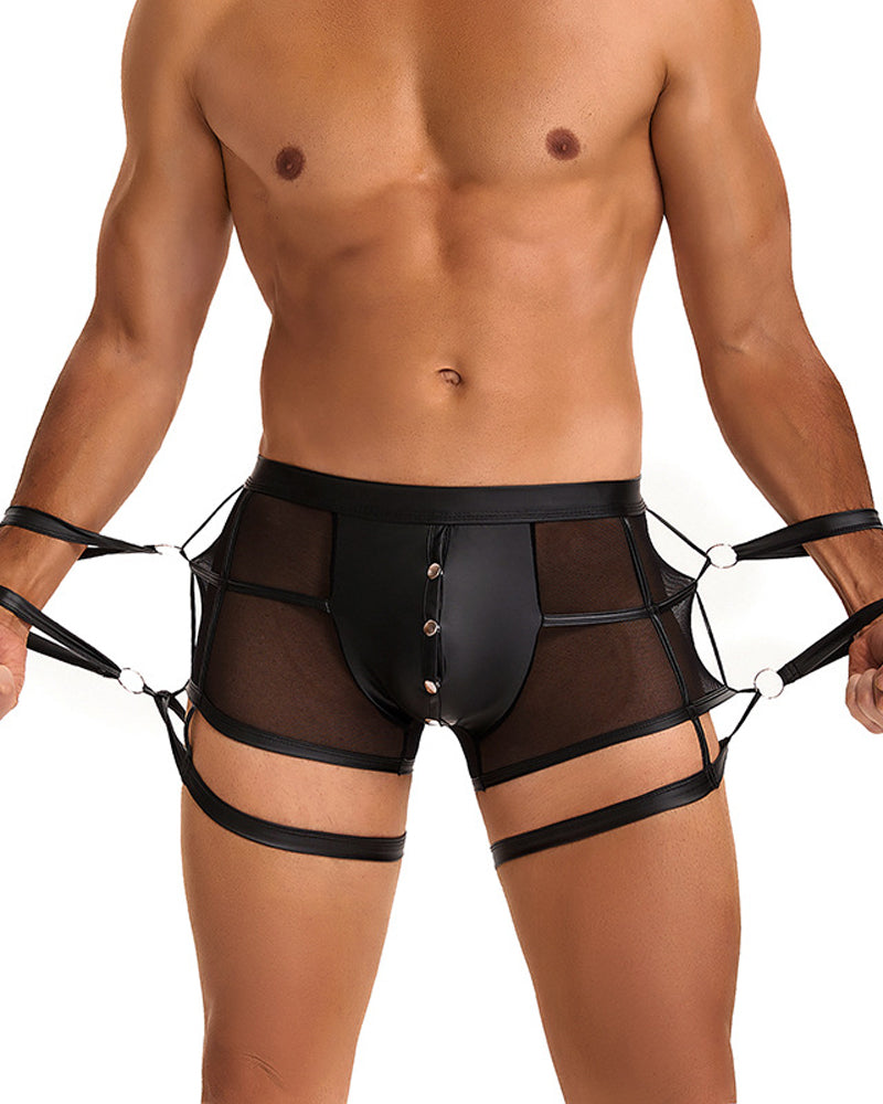 Men's SM Sexy Hidden Button PU Leather See-through Boxer Briefs