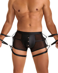 Men's SM Sexy Hidden Button PU Leather See-through Boxer Briefs