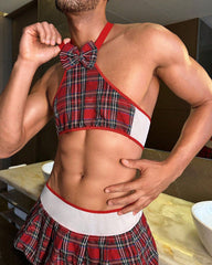 Men's Sexy JK Uniform Plaid Off-the-Shoulder Vest and Pleated Skirt Set