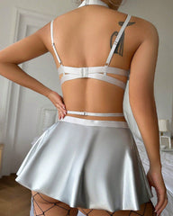 Solid Color Leather Sexy Lingerie Set with Stockings and Choker