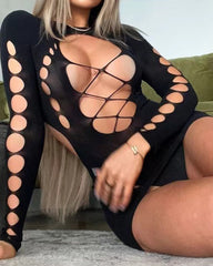 Sexy Fishnet Long-sleeved Backless Hollow Stretch Hip Dress