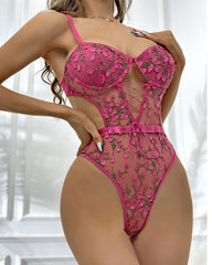 Sexy Mesh Flower Embroidered Suspender Bodysuit