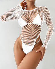 Sexy Fishnet Hollow Long-sleeved Round Neck Bodysuit