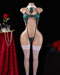 Sexy Cosplay Plaid Hollow Bodysuit Set