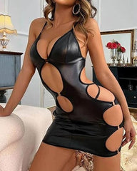 Sexy Patent Leather Hollow V-neck Tight Suspender Dress