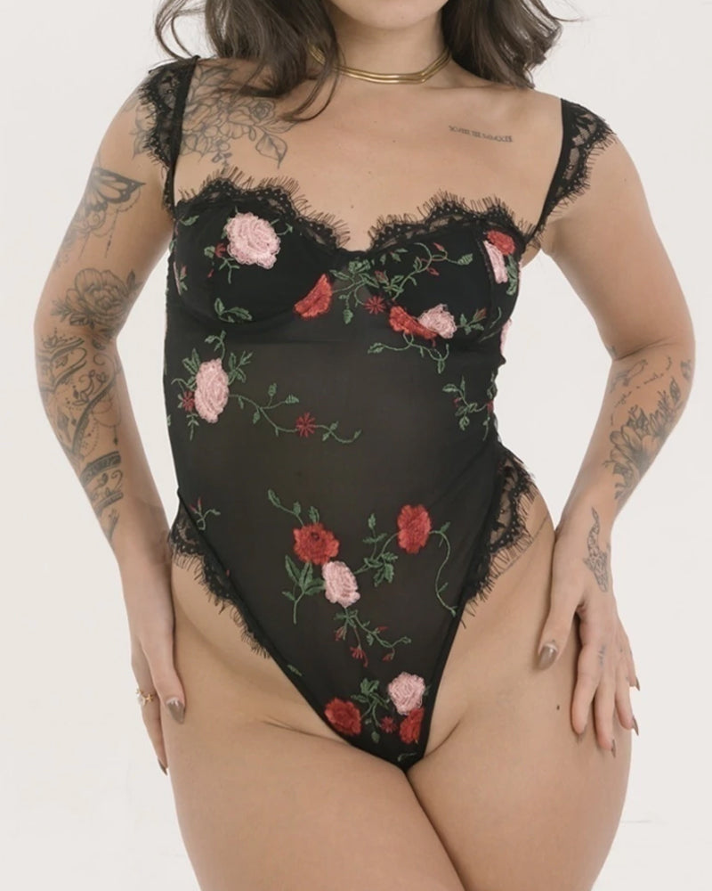 Sexy Lace Mesh Flower Embroidered Bodysuit