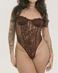 Lace Mesh Sheer Drawstring Back Bodysuit