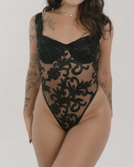 Floral Mesh Sheer Sexy Drawstring Back Bodysuit
