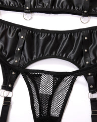 Sexy PU Leather Fishnet See-through Pajamas Set