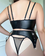 Sexy PU Leather Fishnet See-through Pajamas Set