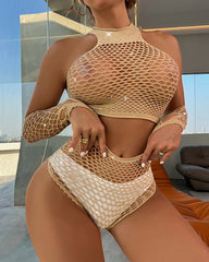 Sexy Hollow Rhinestone Fishnet Stretch Suit