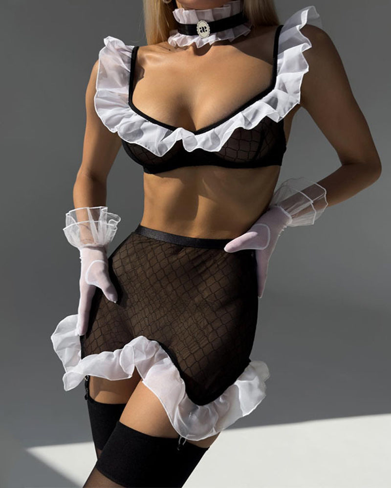 Sexy Maid Uniform See-through Mesh Gloves Choker Sexy Five-piece Set