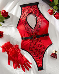 Diamond Print Mesh Splicing Hollow Halter Neck Sexy Bodysuit