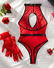 Diamond Print Mesh Splicing Hollow Halter Neck Sexy Bodysuit