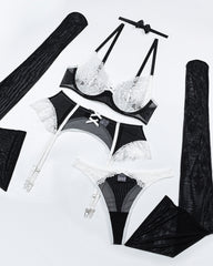 Sexy Heart Flower Lace Mesh Splicing Colorblock Fun Lingerie Set