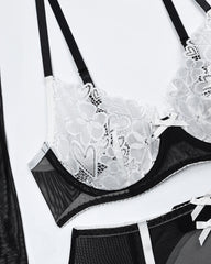 Sexy Heart Flower Lace Mesh Splicing Colorblock Fun Lingerie Set