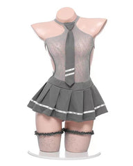 Sexy Schoolgirl Uniform Fishnet Pleated Skirt Pajamas with Stockings Set