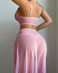 Sexy See-through Mesh High-slit Long Skirt Pajama Set