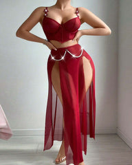 Sexy See-through Mesh High-slit Long Skirt Pajama Set