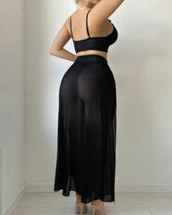 Sexy See-through Mesh High-slit Long Skirt Pajama Set