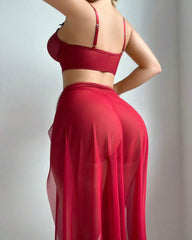 Sexy See-through Mesh High-slit Long Skirt Pajama Set