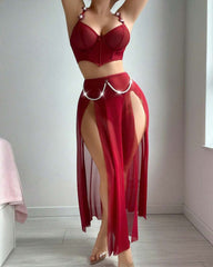 Sexy See-through Mesh High-slit Long Skirt Pajama Set