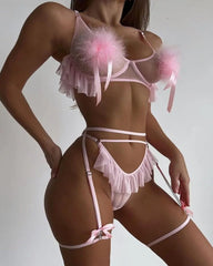 Plush Ball Pleated Skirt See-through Mesh Sexy Underwear Set