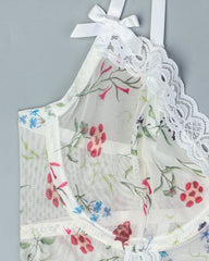 Floral Lace Stitching Stretch Mesh Sexy Pajamas and Stockings Set