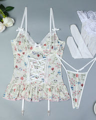 Floral Lace Stitching Stretch Mesh Sexy Pajamas and Stockings Set