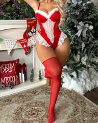Christmas Cosplay Uniform Lace Paneling with Fishnet Stockings Sexy Bodysuit Set