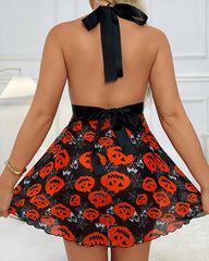 Deep V Halterneck Lace Sexy Mesh Halloween Christmas Print Nightdress