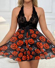 Deep V Halterneck Lace Sexy Mesh Halloween Christmas Print Nightdress