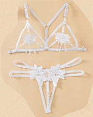 Women's Three-point Sexy Hollow Pearl Massage Underwear Set