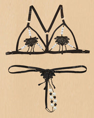 Women's Three-point Sexy Hollow Pearl Massage Underwear Set